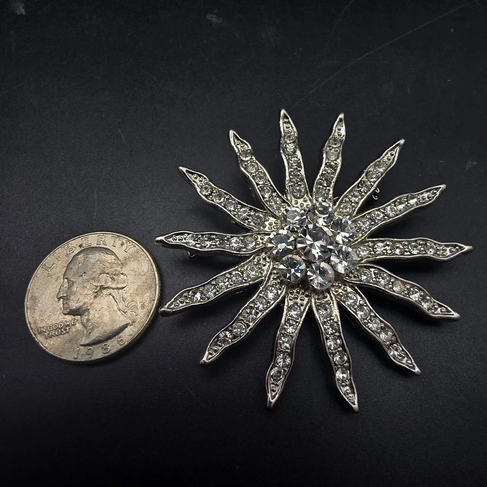 Rhinestone Sunburst Brooch Silver Tone Celestial Vintage Costume Jewelry